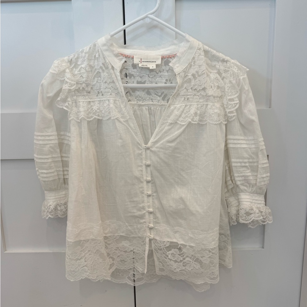 Anthropologie White Lace Button-Up Blouse